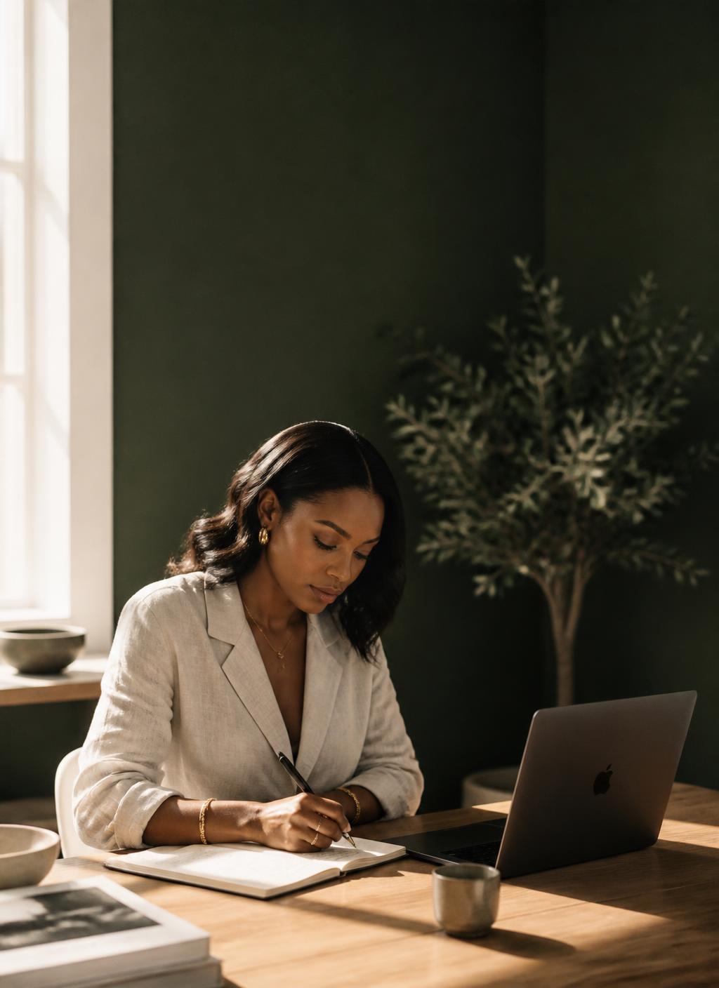 A founder writing notes in a journal beside her laptop in a calm, sunlit studio