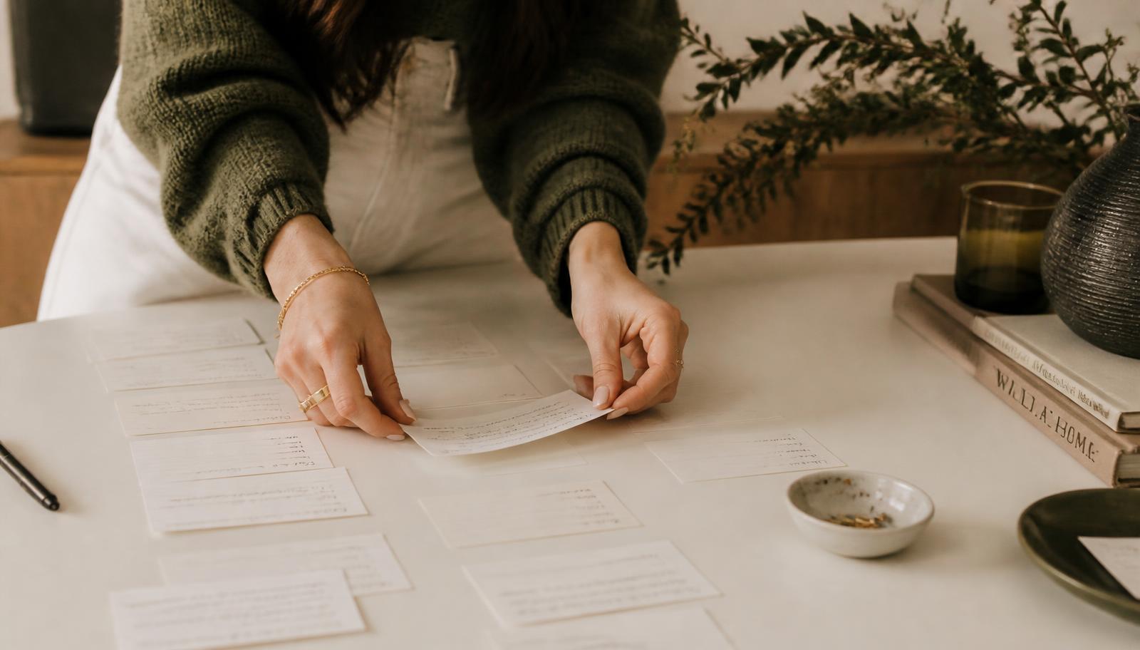 Hands arranging handwritten note cards across a table while planning